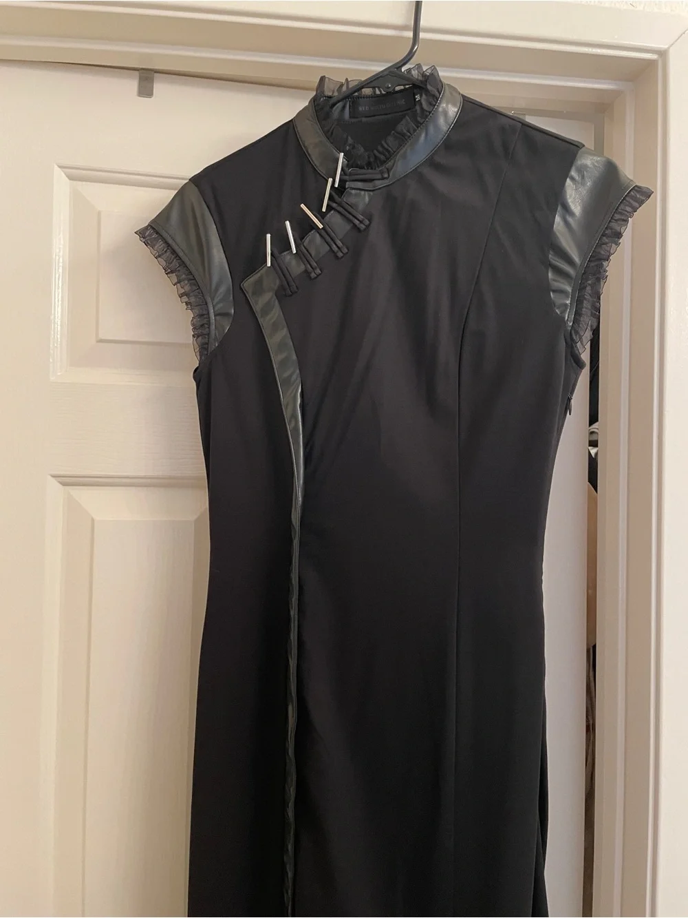 Cruelty Free Black High Neck Metal Clasp Mesh Faux Leather Sleeves Dress